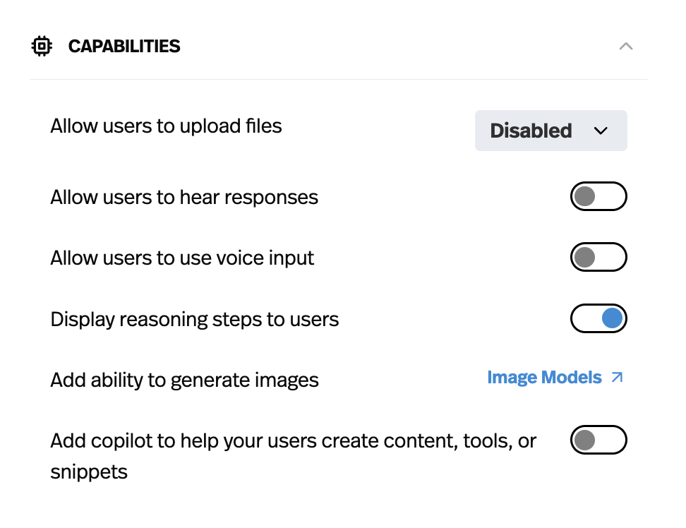 Pickaxe agent capabilities settings showing file upload and voice options